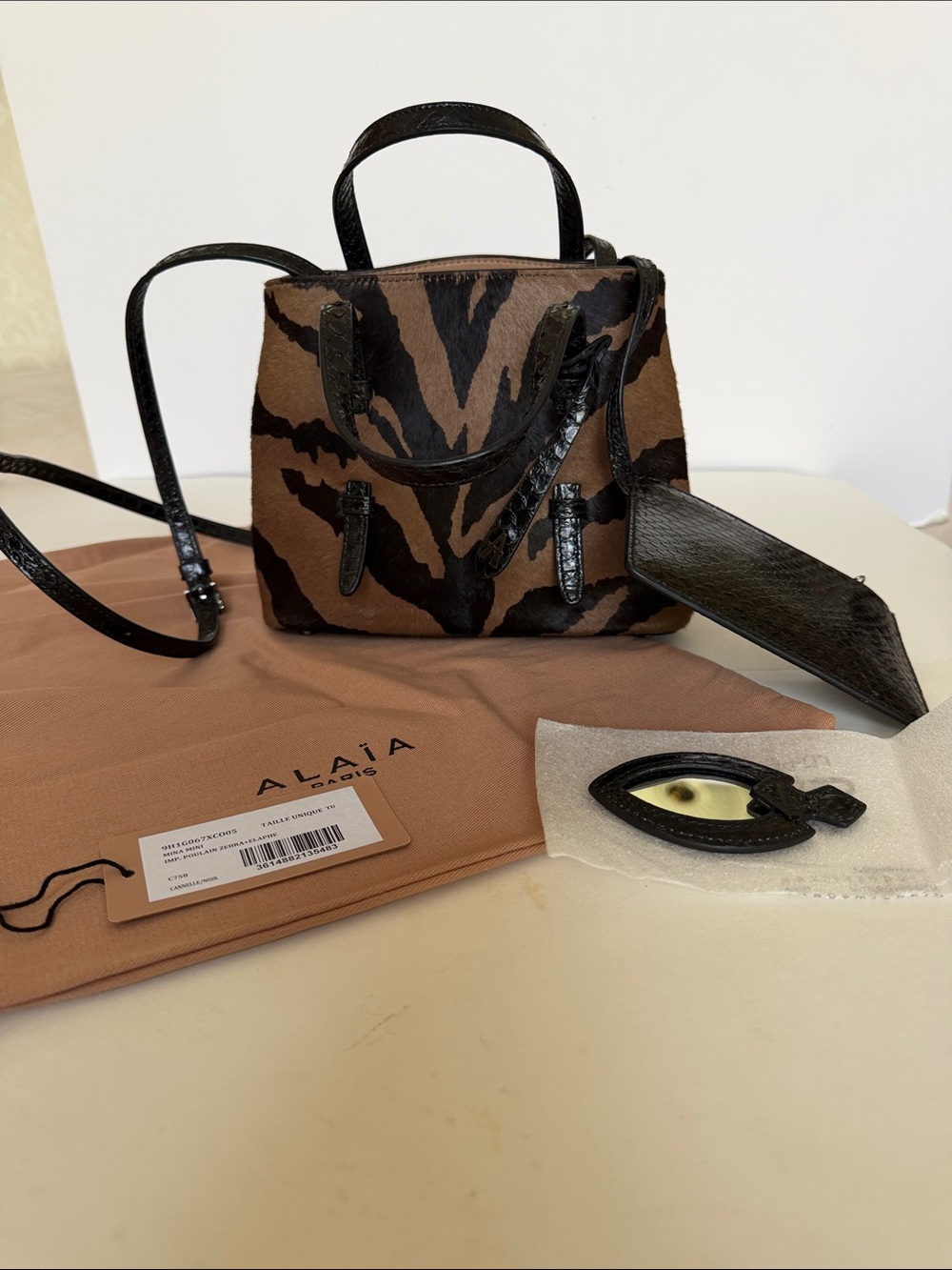 Alaïa Mina Mini Leather Trimmed Calf Hair Black&Brown Zebra Print Bag